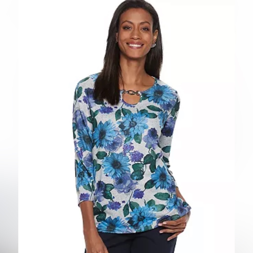 Cathy Daniels Blue Bold Floral l Print Knit Elbow Length Sleeve Top Size L